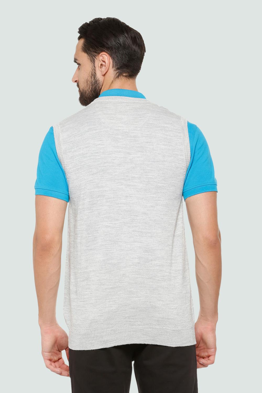 Men Grey Textured V Neck Sleeveless Cardigan-Grey