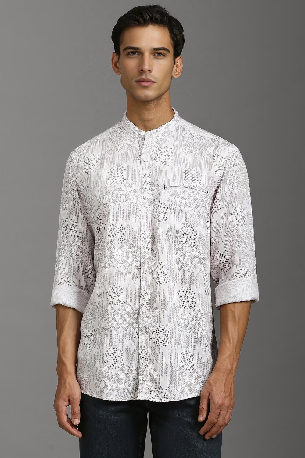 Men White Slim Fit Print Full Sleeves Casual Shirt-White
