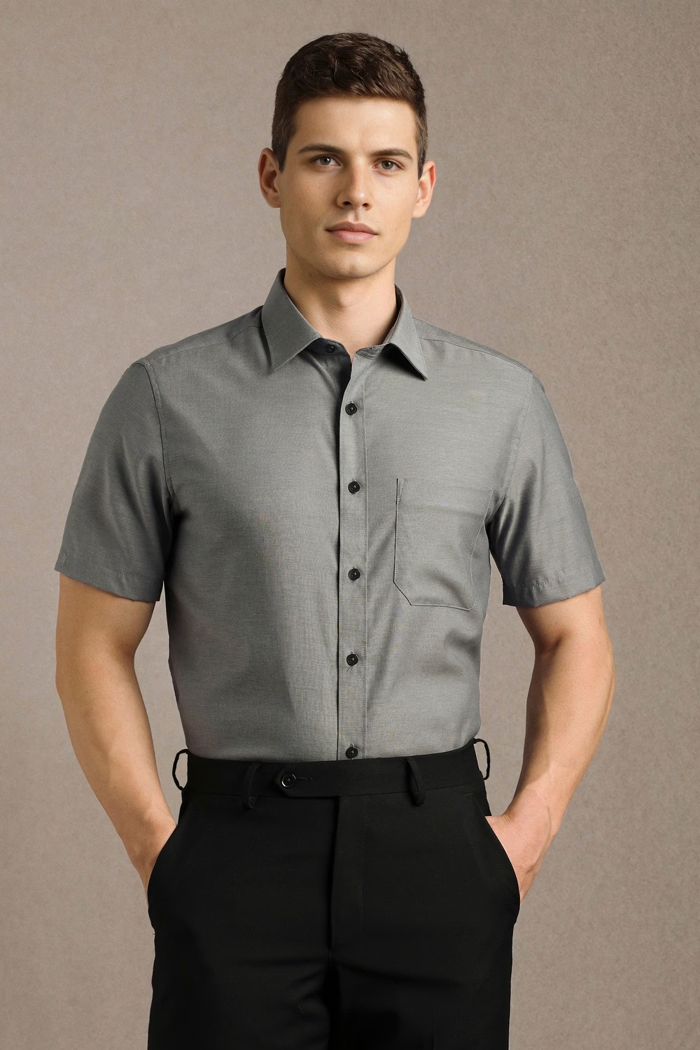 Men Grey Textured Half Sleeves Formal Shirt-Grey