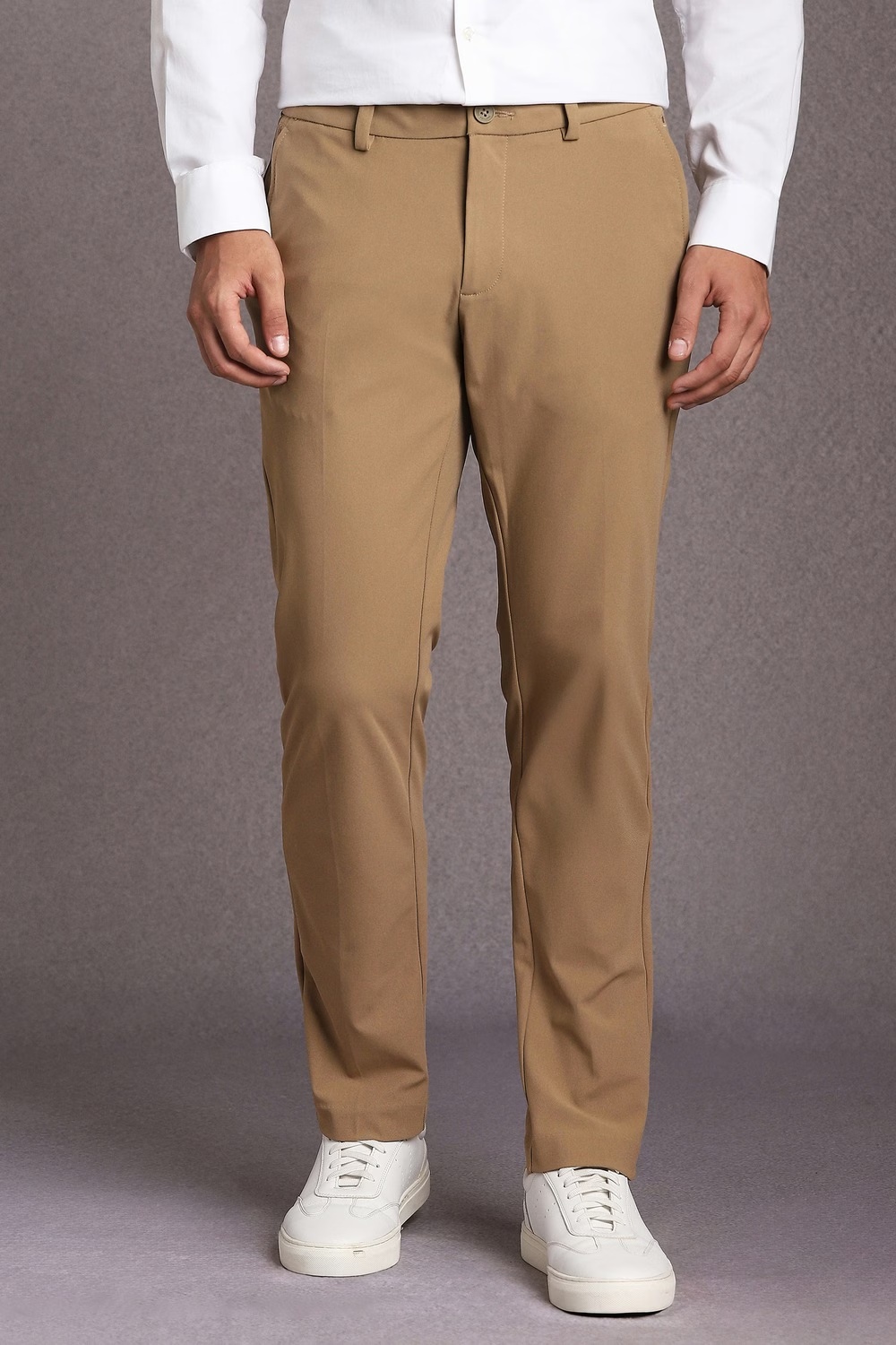 Men Khaki Solid Flat Front Casual Trousers-Khaki