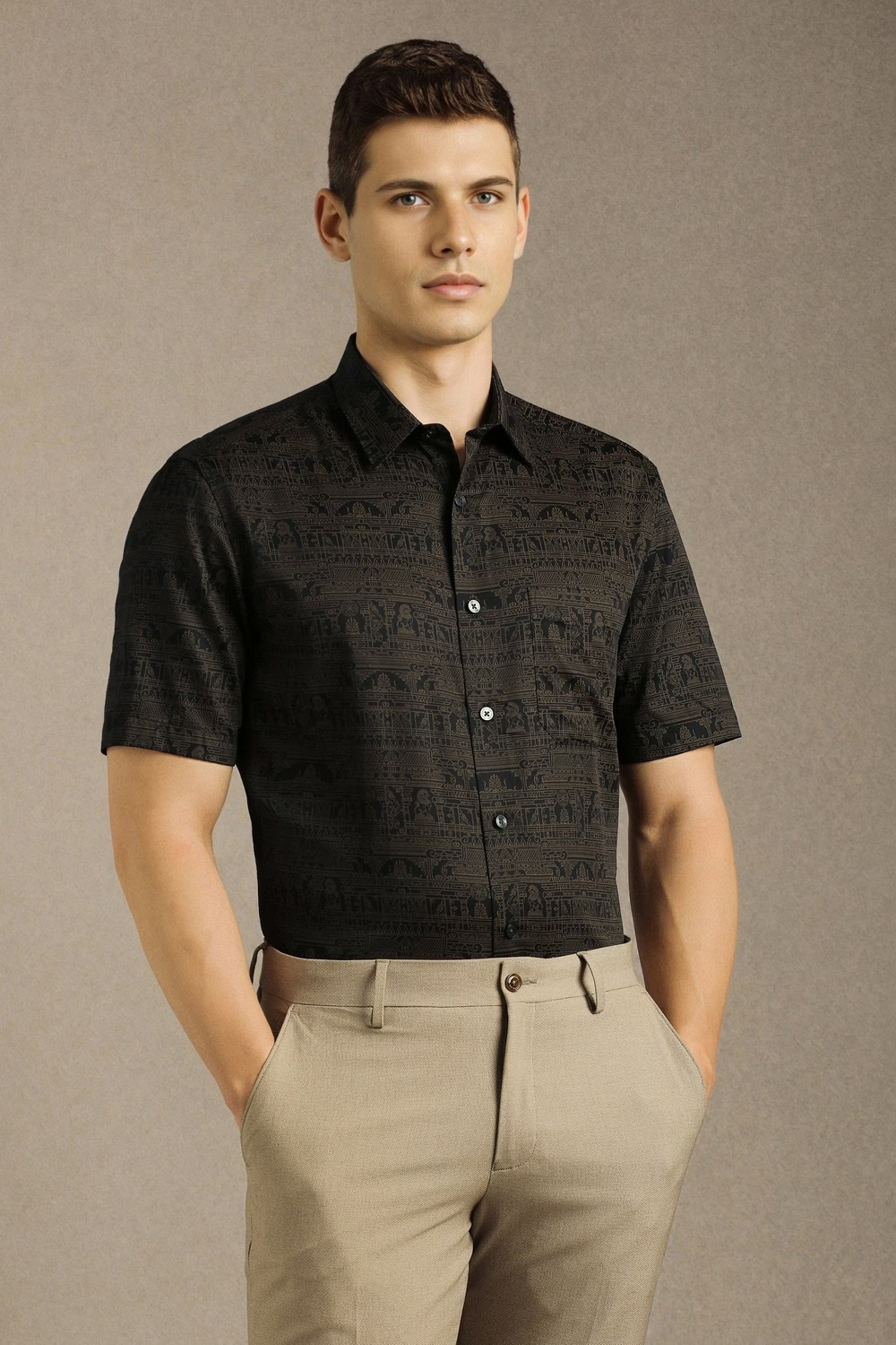 Men Black Print Half Sleeves Formal Shirt-Black