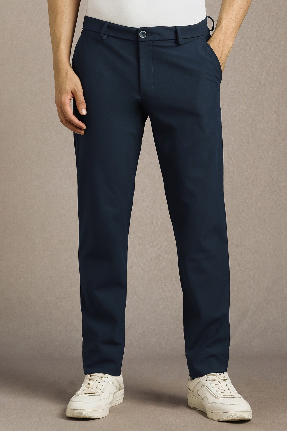 Men Navy Solid Flat Front Casual Trousers-Navy