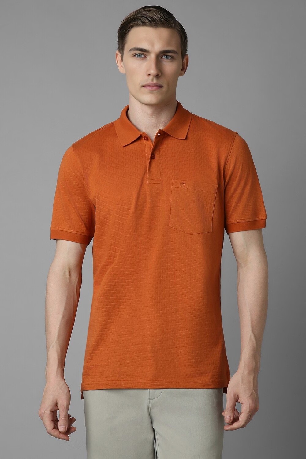 Men Orange Textured Polo Neck T-shirt-Orange