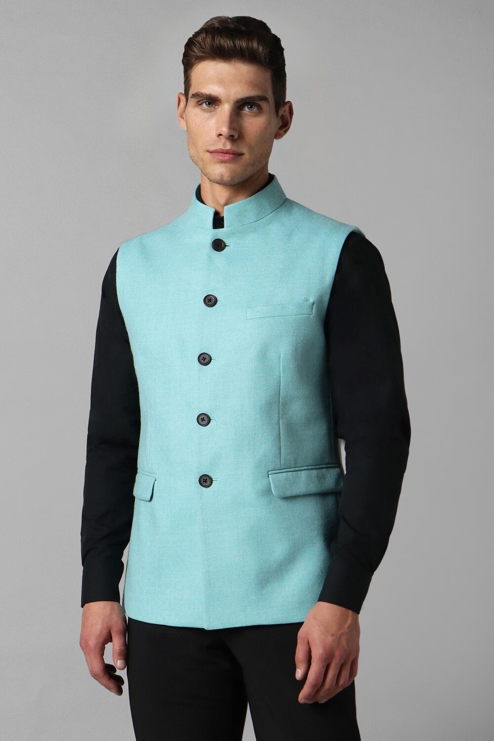 Men Blue Textured Slim Fit Party Nehru Jacket-Blue