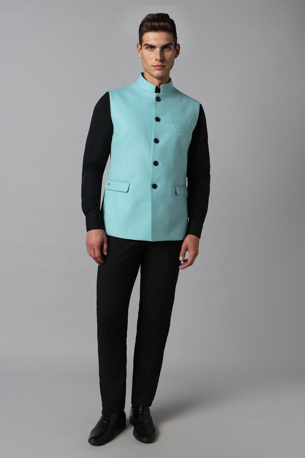 Men Blue Textured Slim Fit Party Nehru Jacket-Blue