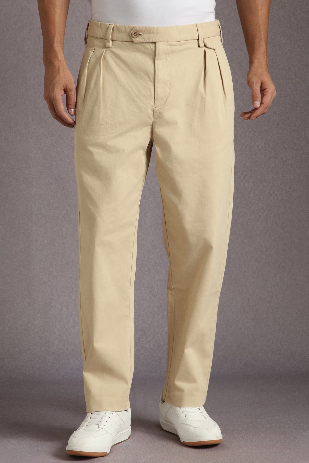 Men Beige Solid Pleated Casual Trousers-Beige