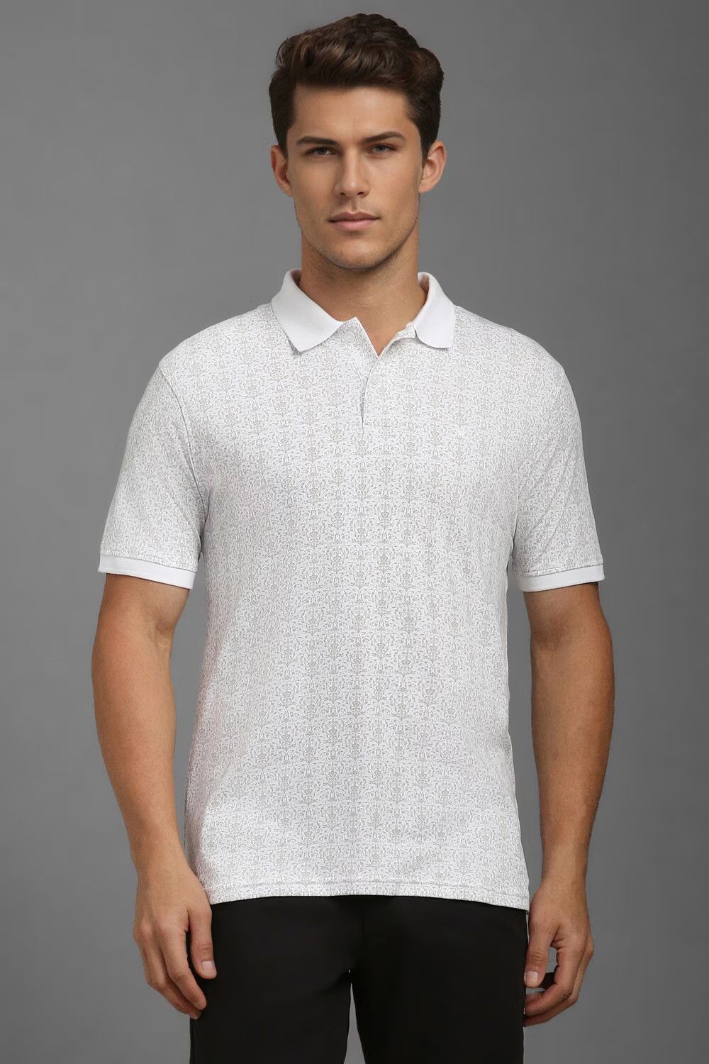Men White Print Polo Neck T-shirt-White