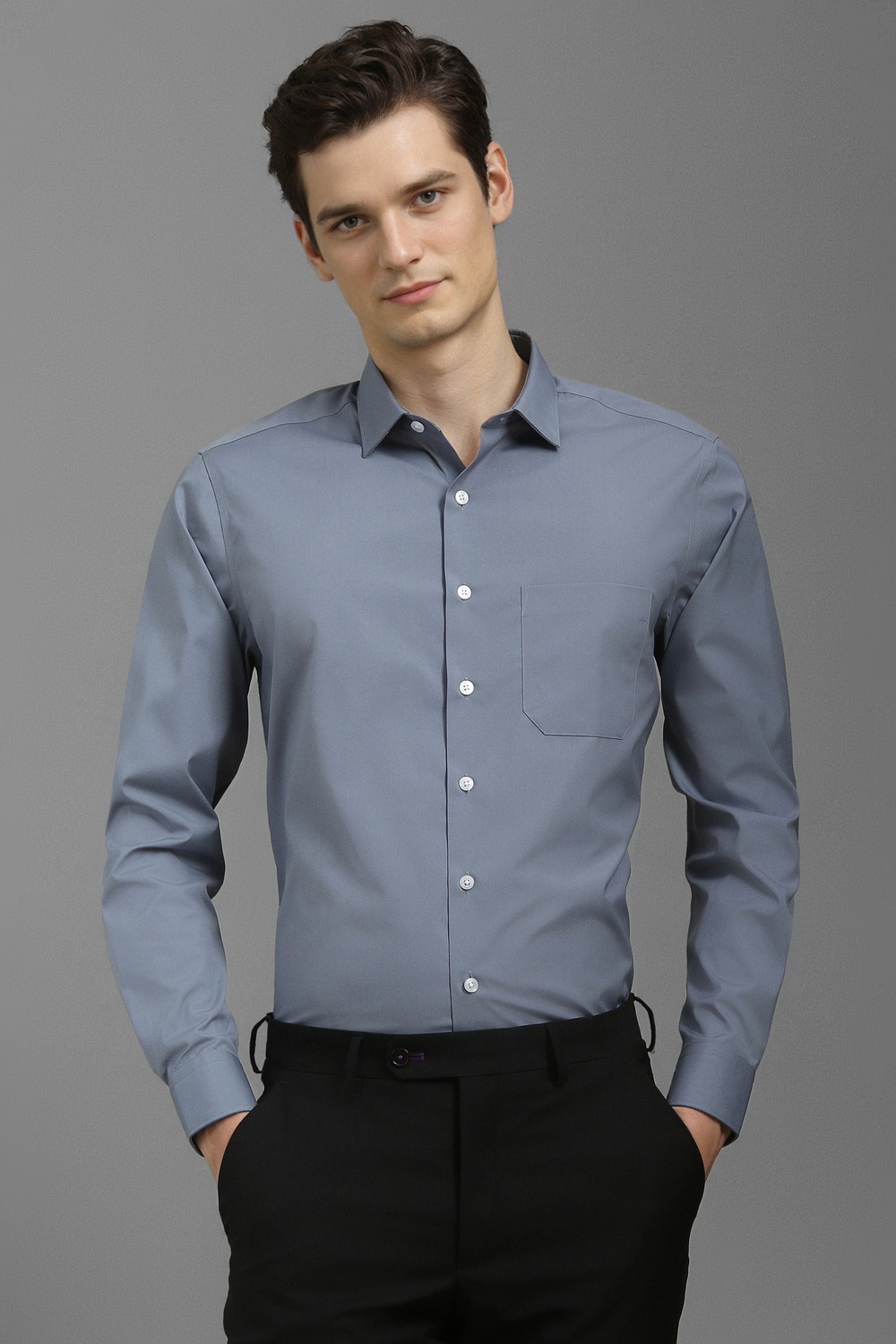 Men Grey Slim Fit Solid Full Sleeves Formal Shirt-Grey