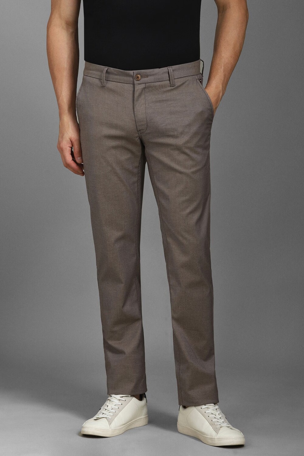 Men Brown Slim Fit Textured Flat Front Casual Trousers-Brown