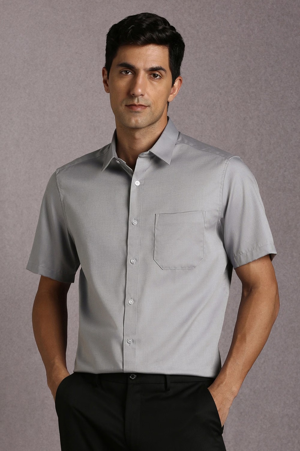 Men Grey Solid Half Sleeves Formal Shirt-Grey