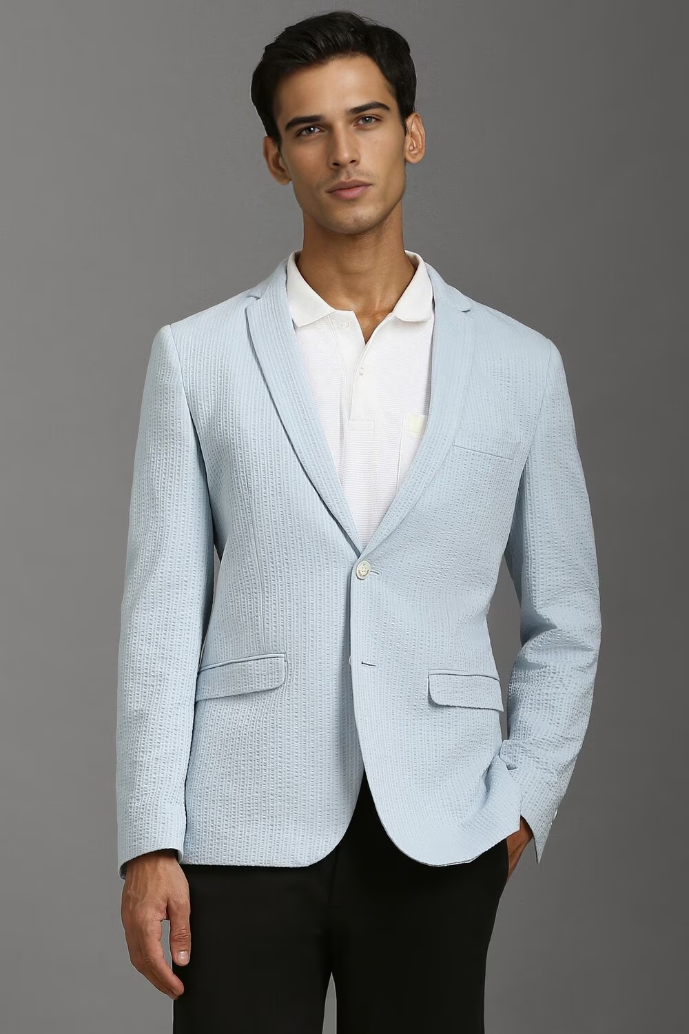 Men Blue Super Slim Fit Textured Casual Blazer-Blue