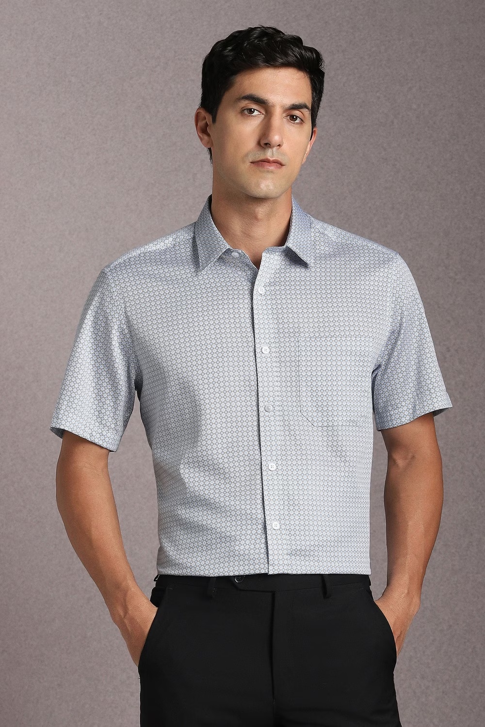 Men Light Blue Print Half Sleeves Formal Shirt-Light Blue