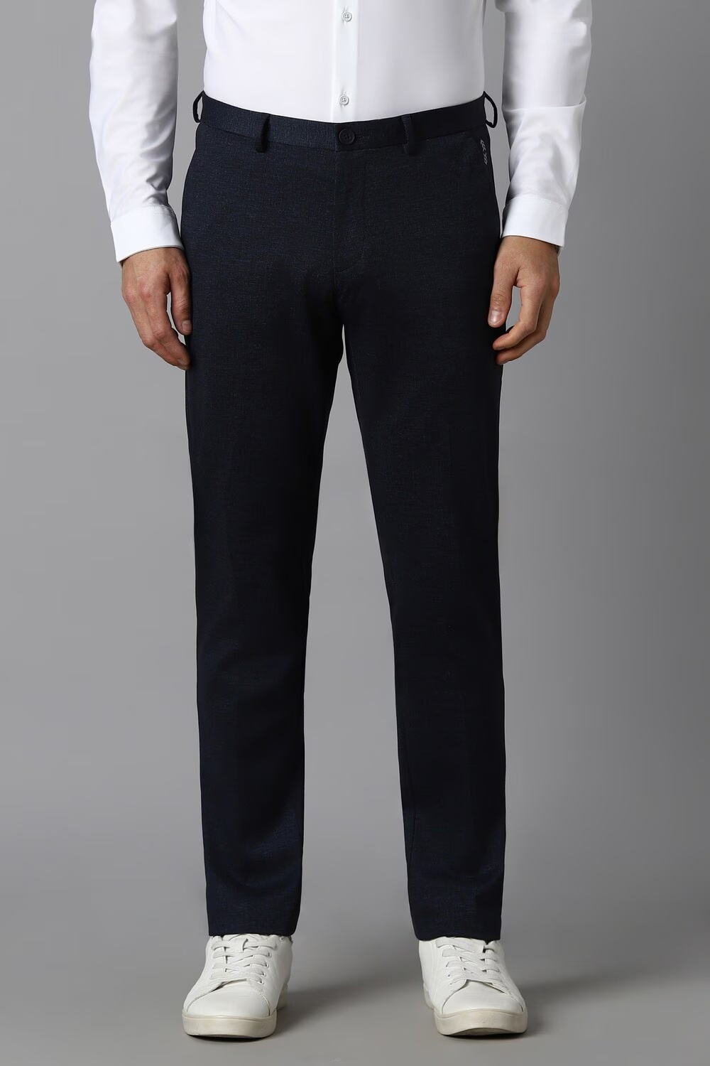 Men Navy Slim Fit Textured Flat Front Formal Trousers-Navy