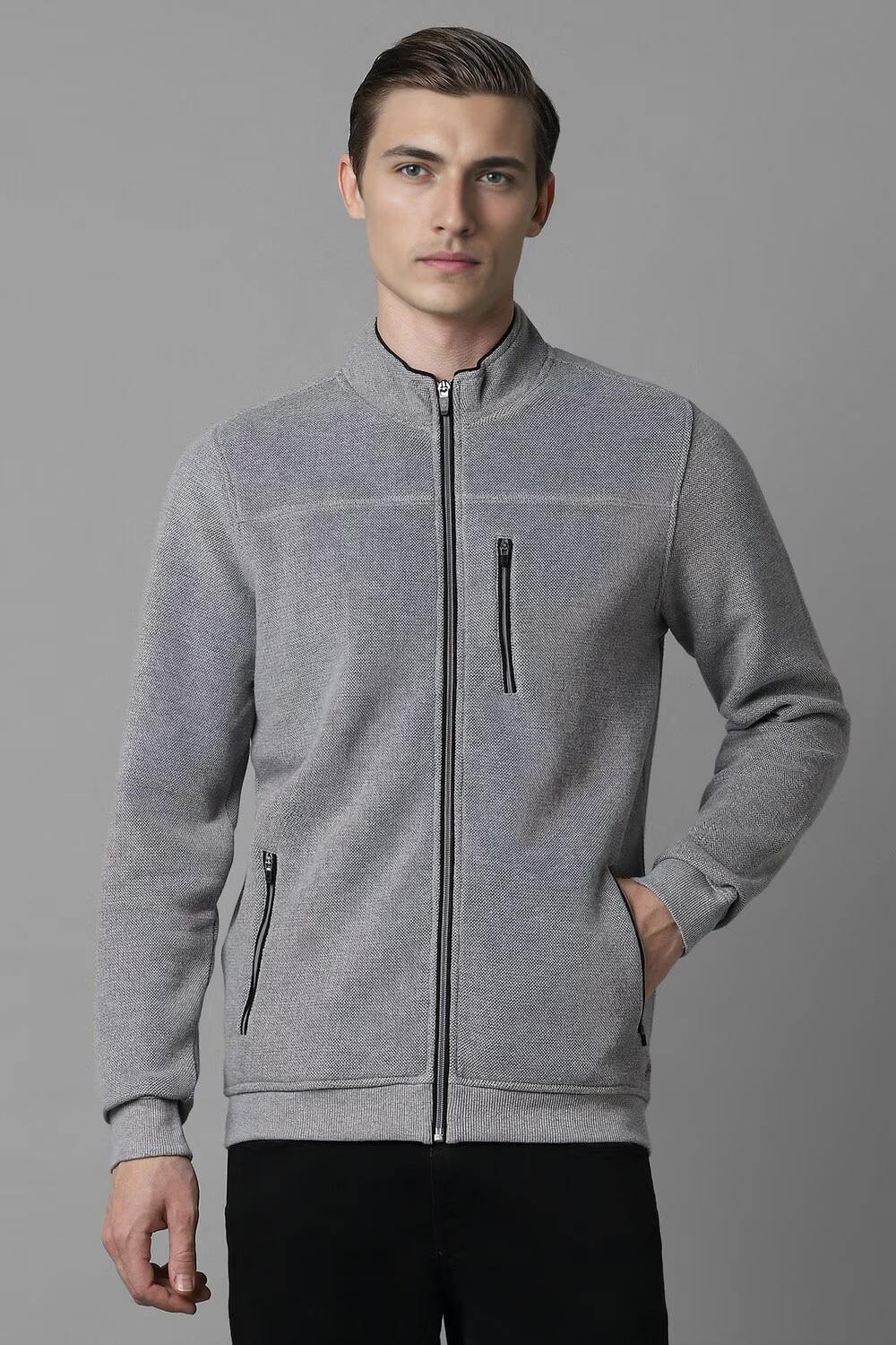 Men Casual Grey Textured Sweatshirt-Grey
