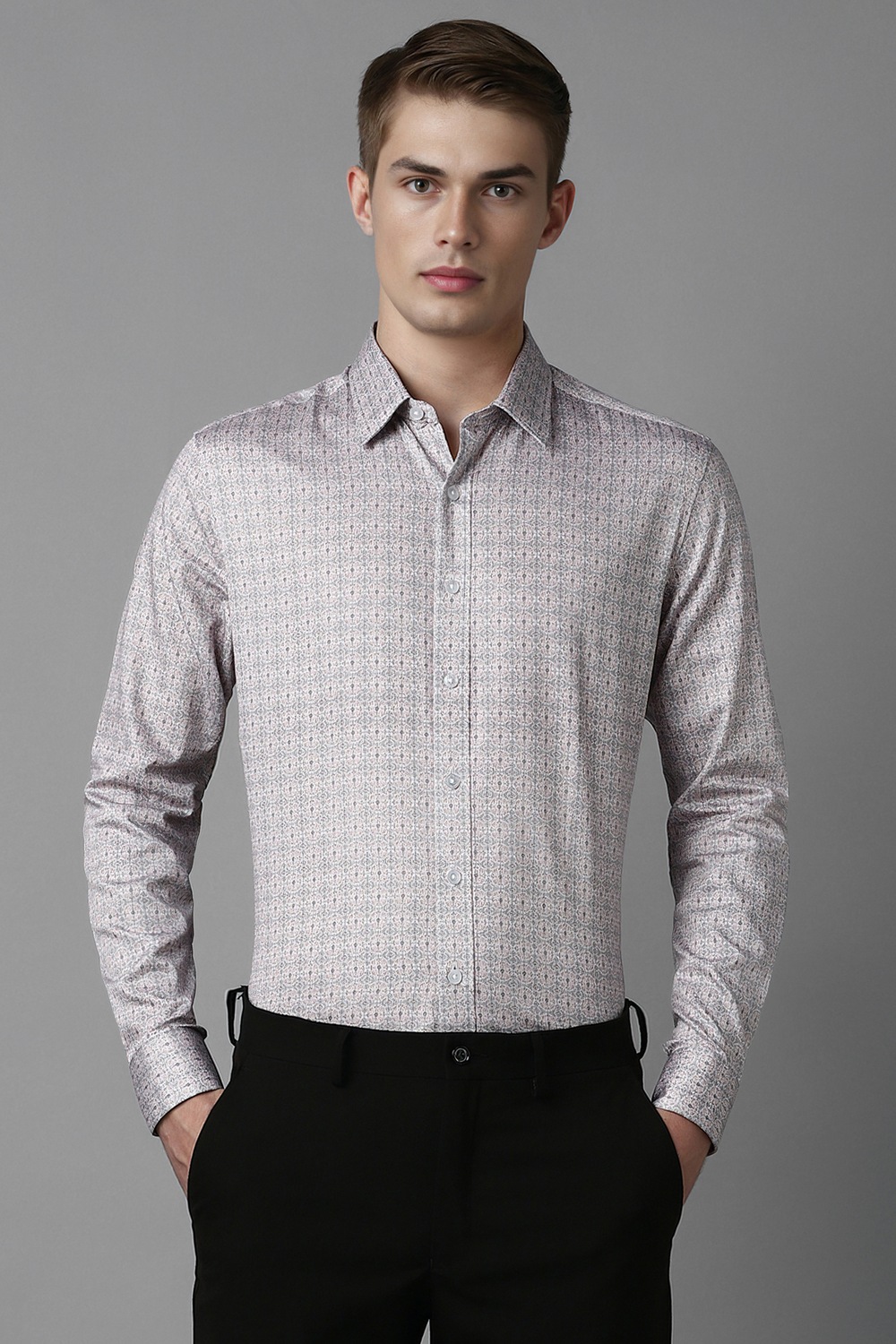 Men Grey Print Full Sleeves Formal Shirt-Grey