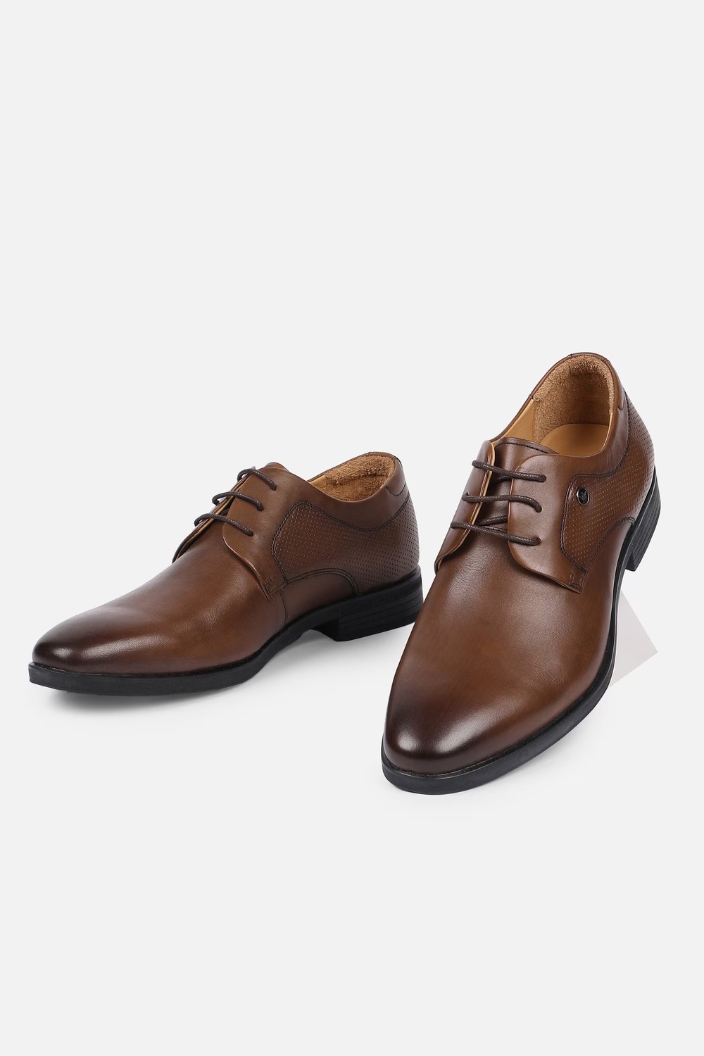 Men Perforation Detail Derby Leather Brown Lace Up Shoes-Brown