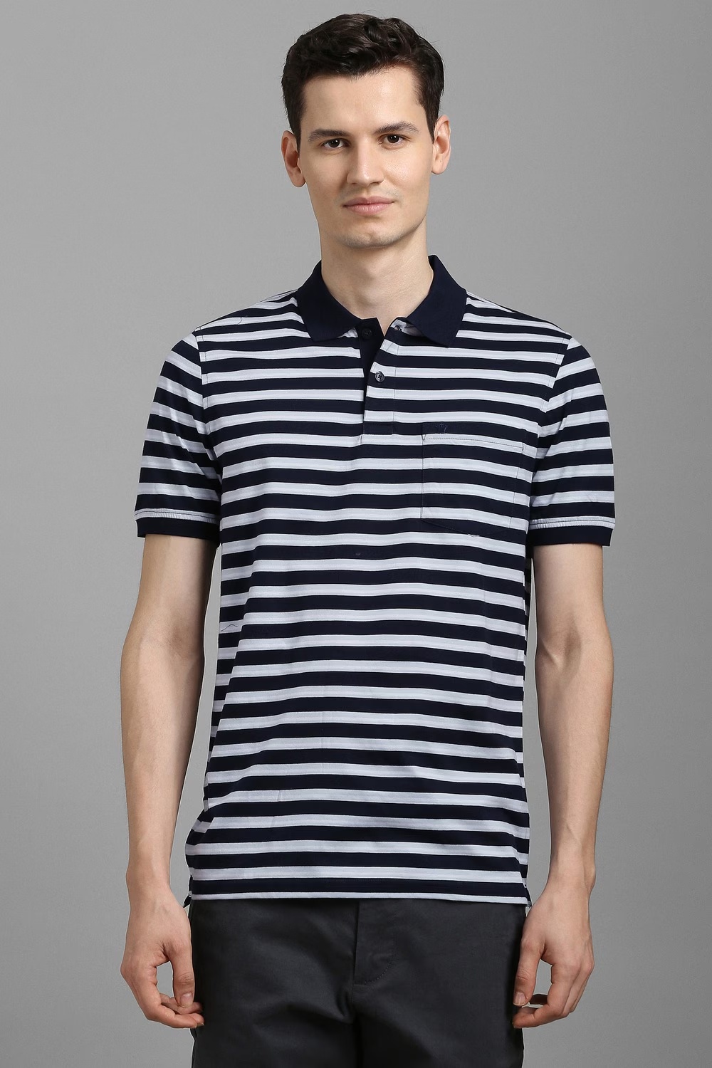 Men Navy Stripe Polo Neck T-shirt-Navy
