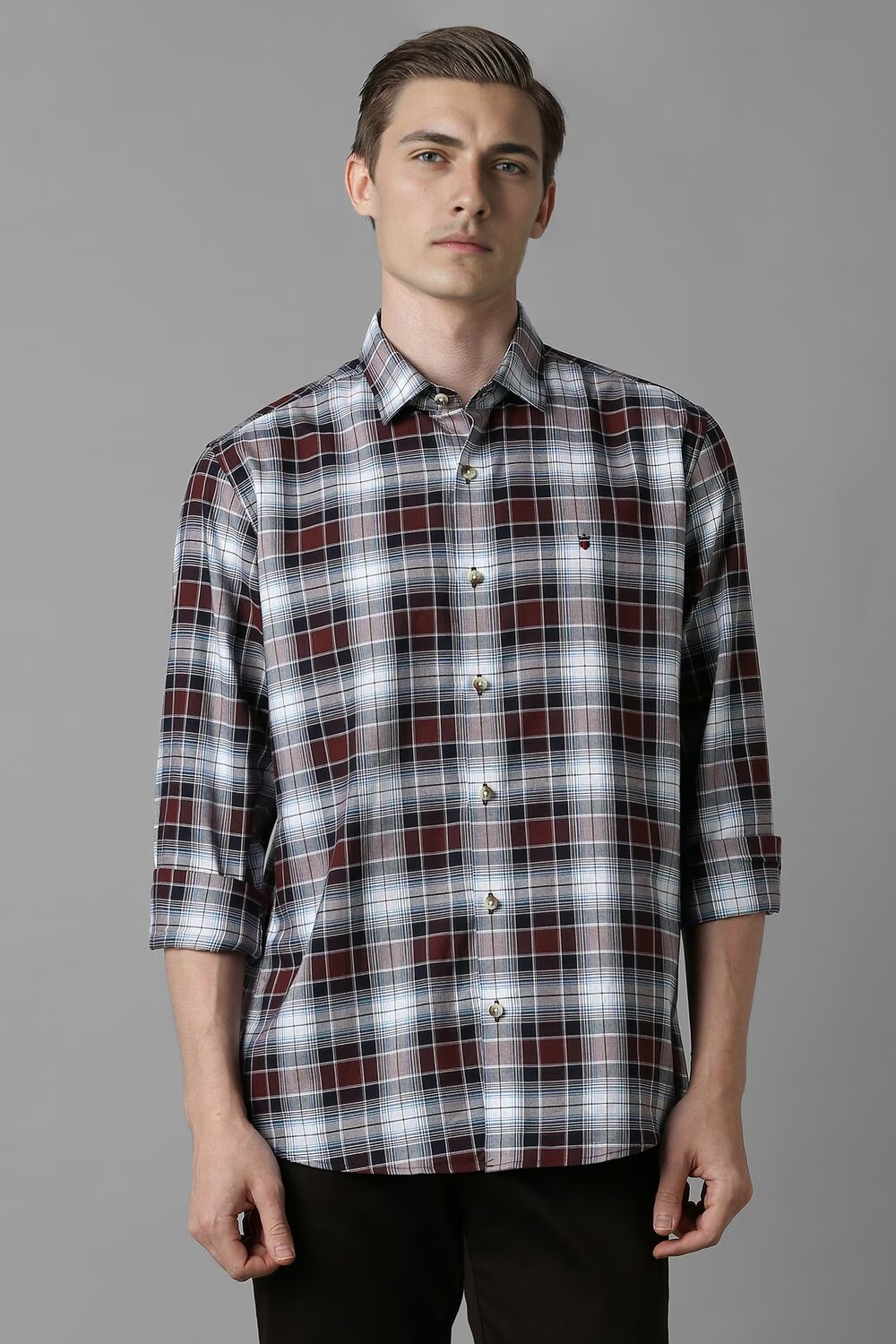Men Grey Slim Fit Check Full Sleeves Casual Shirt-Grey