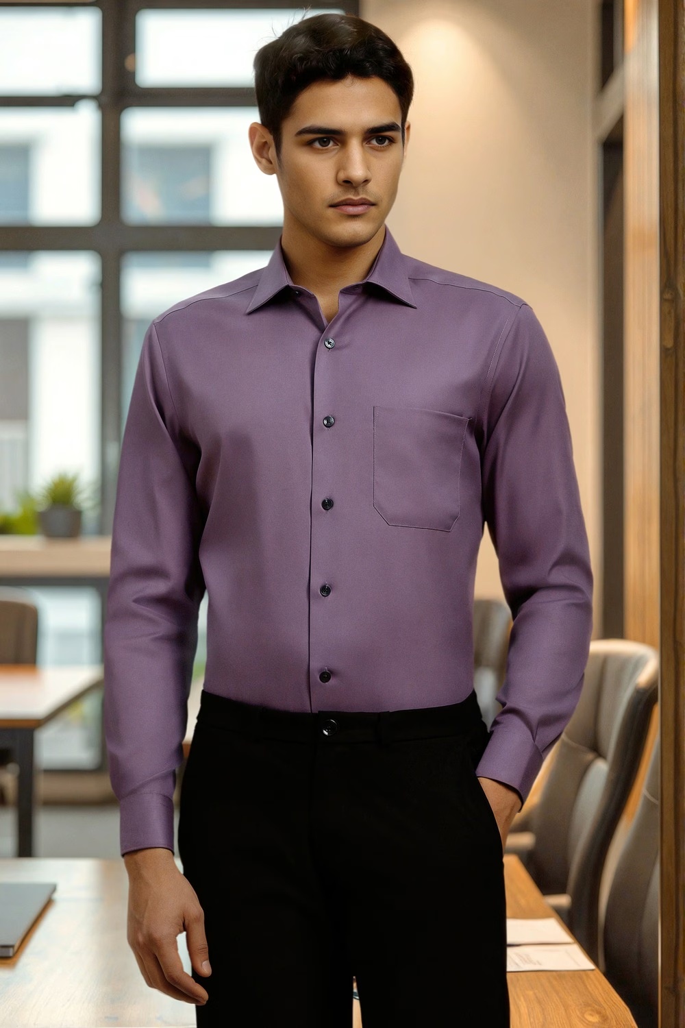 Men Purple Textured Full Sleeves Formal Shirt-Purple