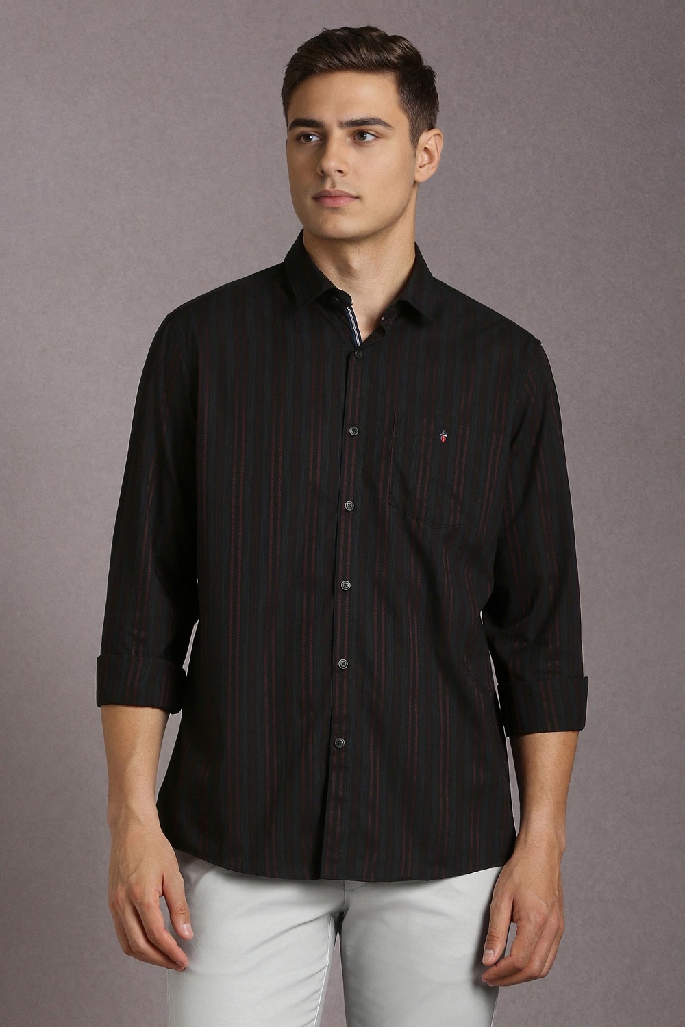 Men Black Stripe Full Sleeves Casual Shirt-Black