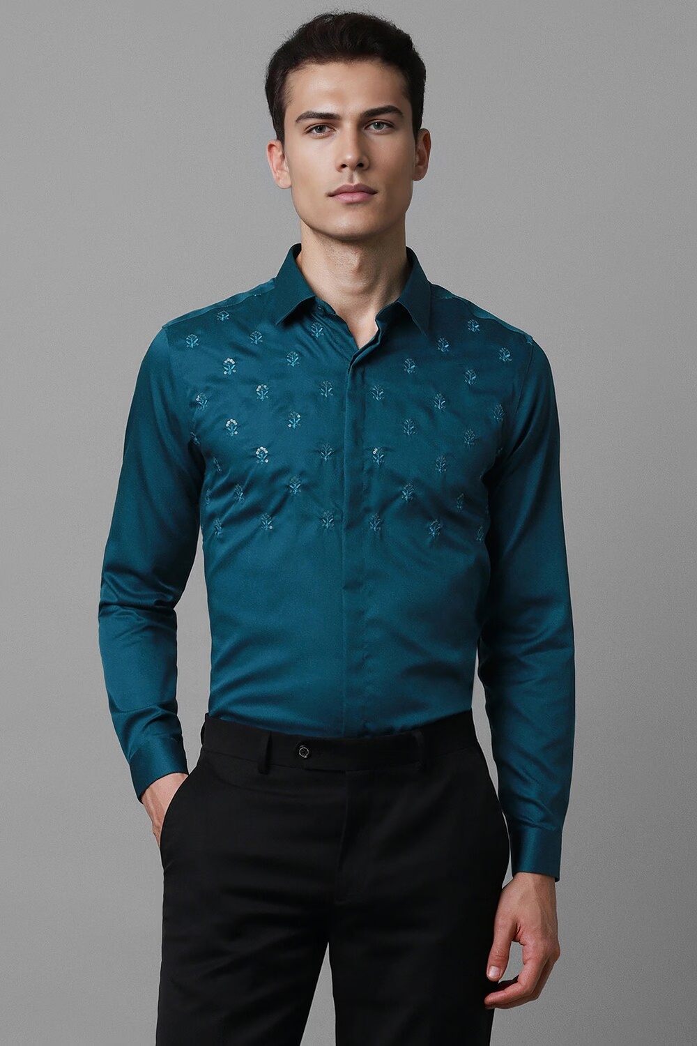 Men Green Slim Fit Embroidered Full Sleeves Formal Shirt-Green