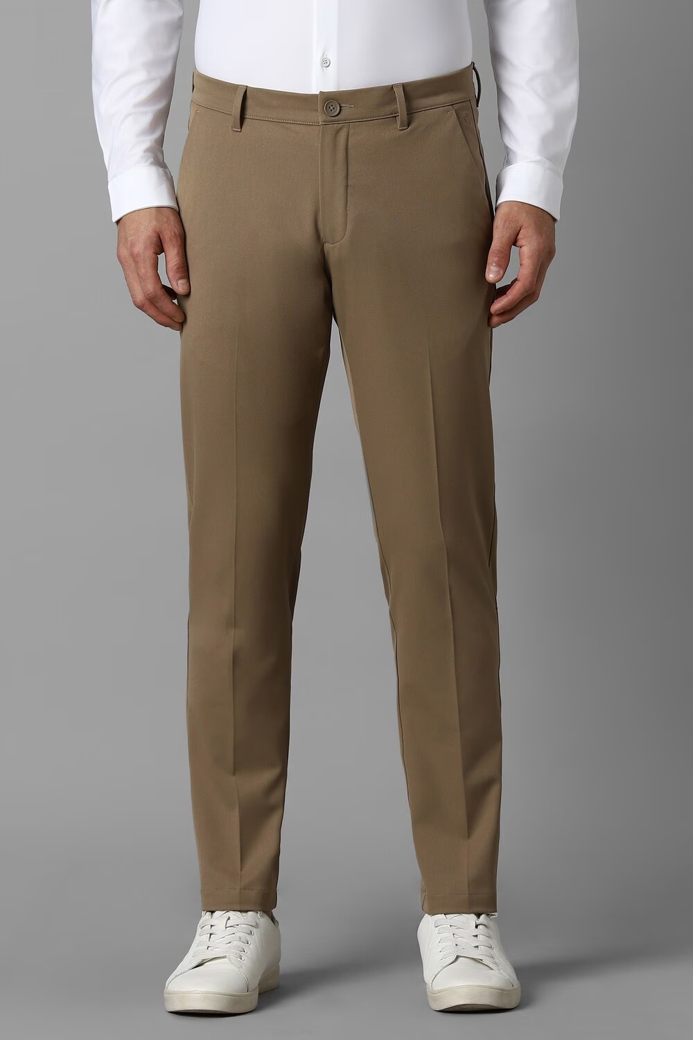 Men Brown Contemporary Fit Solid Flat Front Formal Trousers-Brown