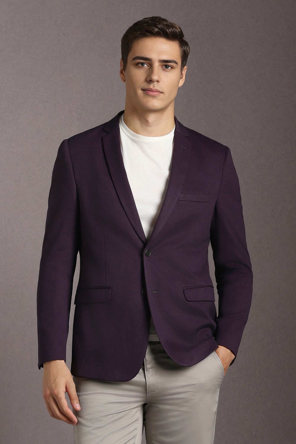 Men Purple Textured Casual Blazer-Purple