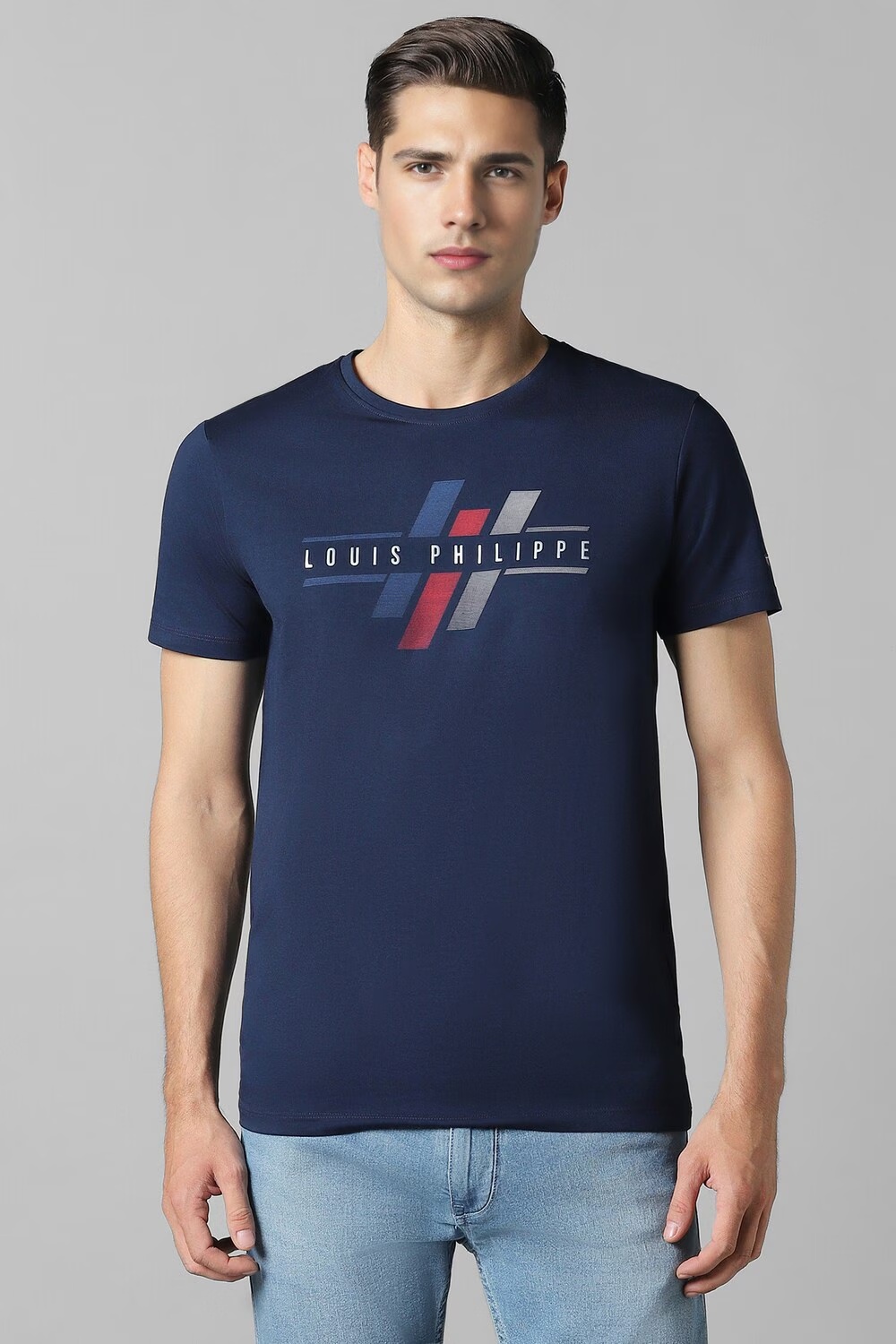 Men Navy Print Crew Neck T-shirt-Navy