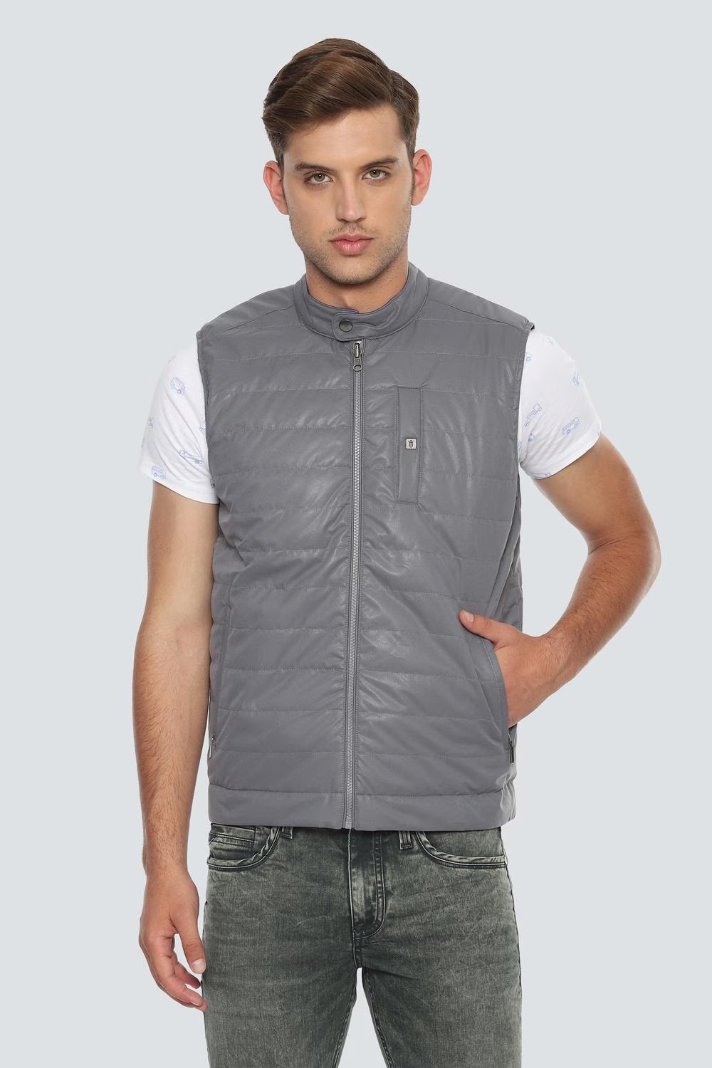 Men Casual Grey Solid Jackets-Grey