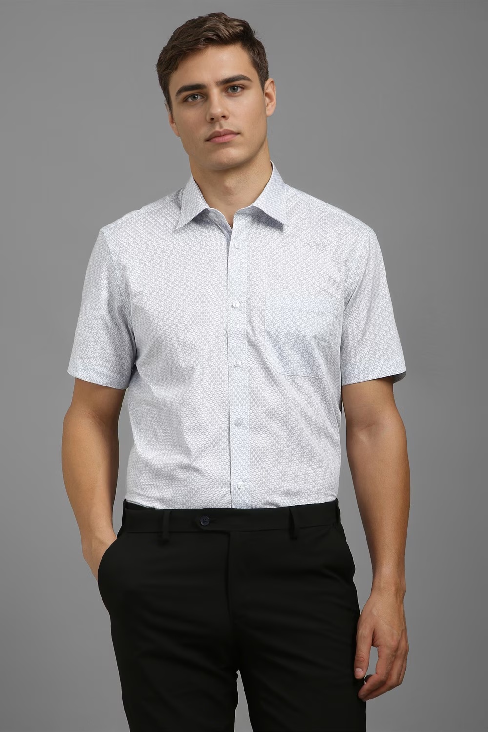 Men White Classic Fit Print Half Sleeves Formal Shirt-White