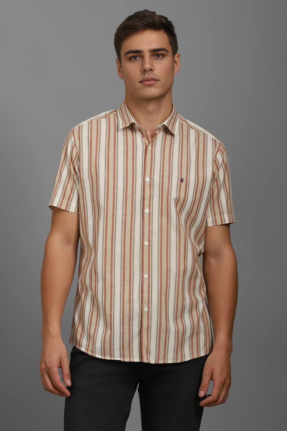 Men Beige Slim Fit Stripe Half Sleeves Casual Shirt-Beige