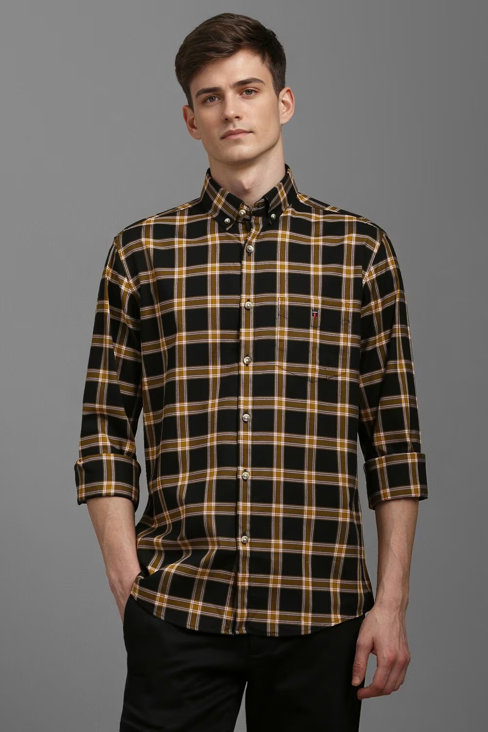 Men Black Slim Fit Check Full Sleeves Casual Shirt-Black
