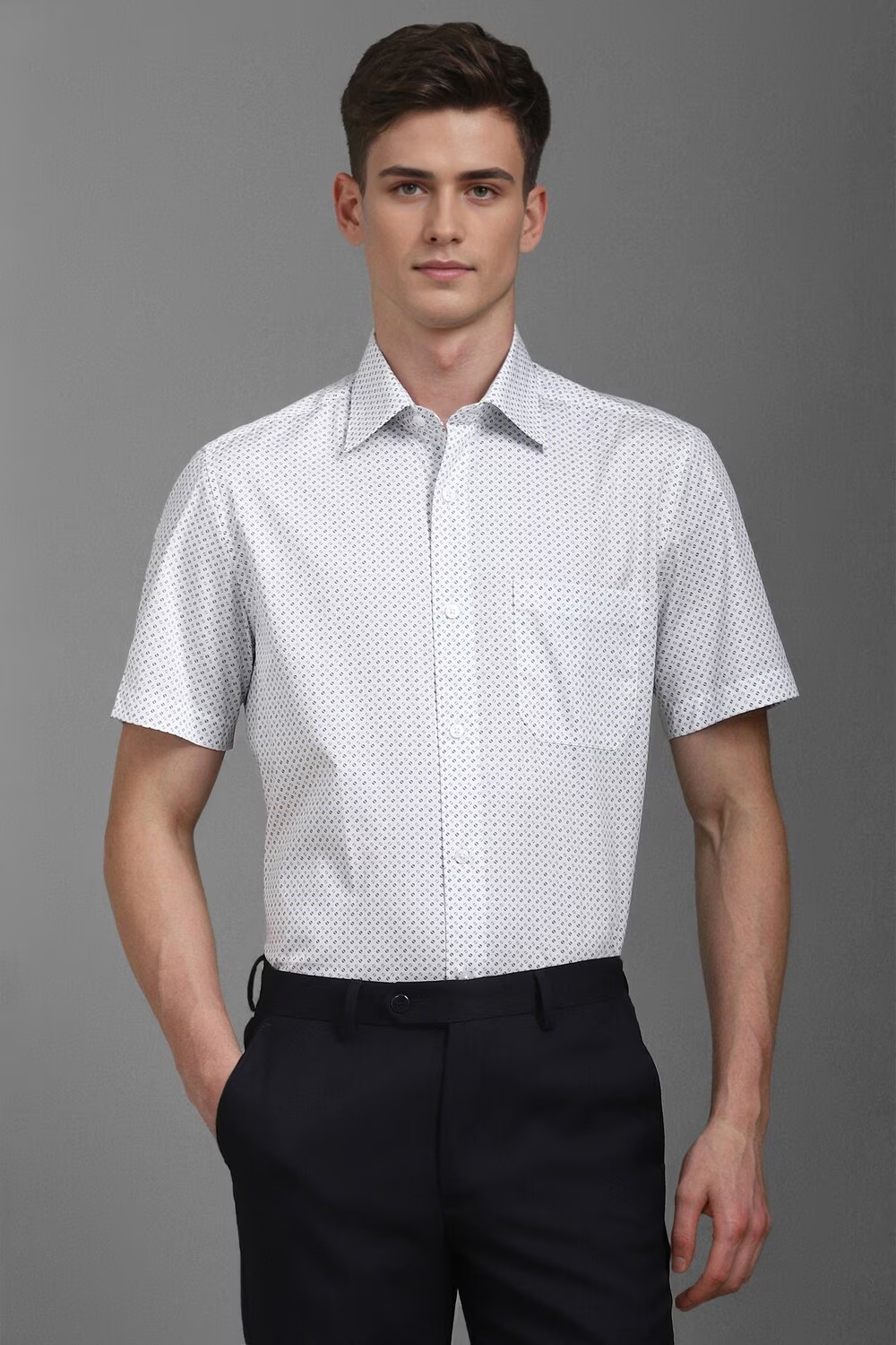 Men White Classic Fit Print Half Sleeves Formal Shirt-White
