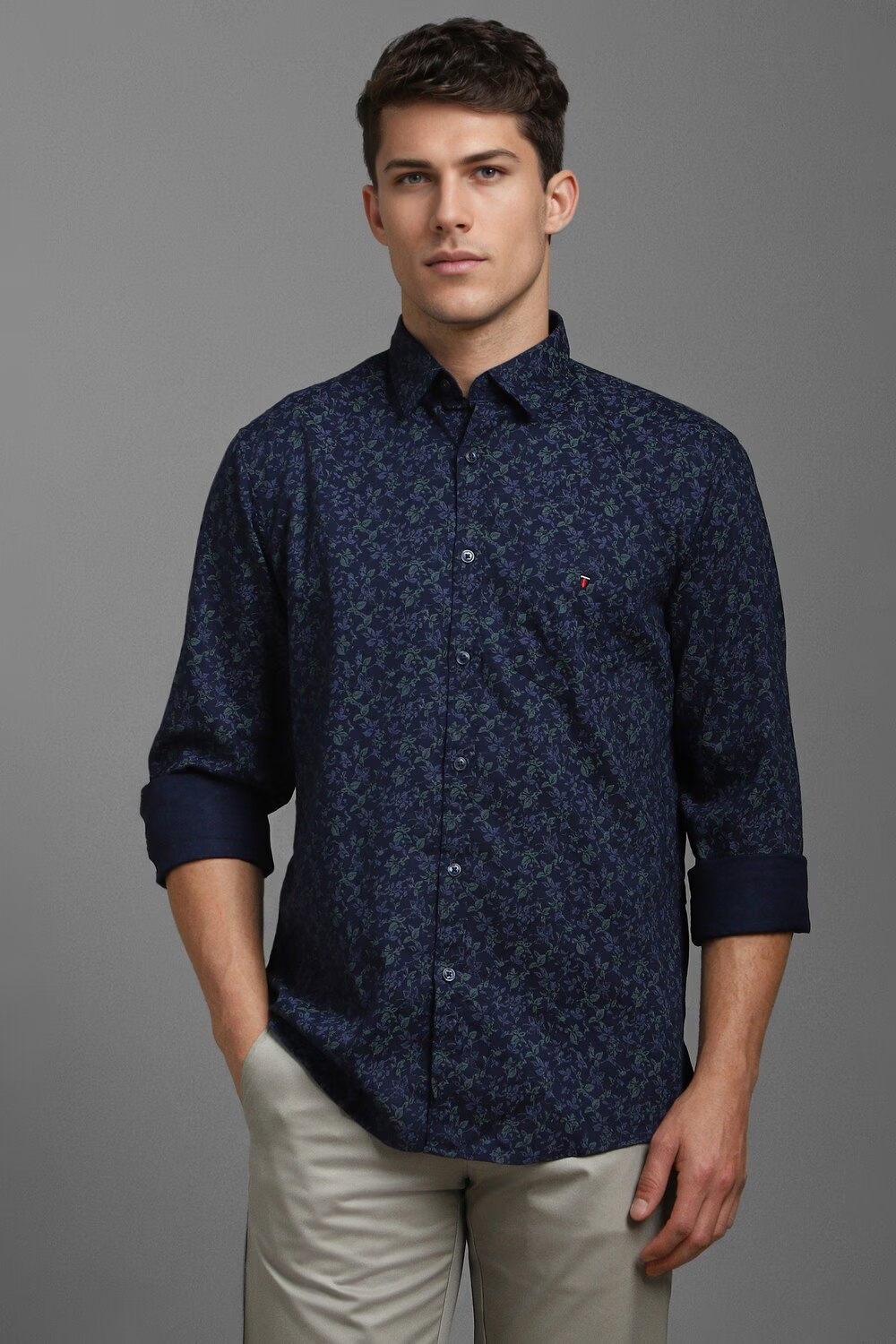 Men Navy Slim Fit Print Full Sleeves Casual Shirt-Navy