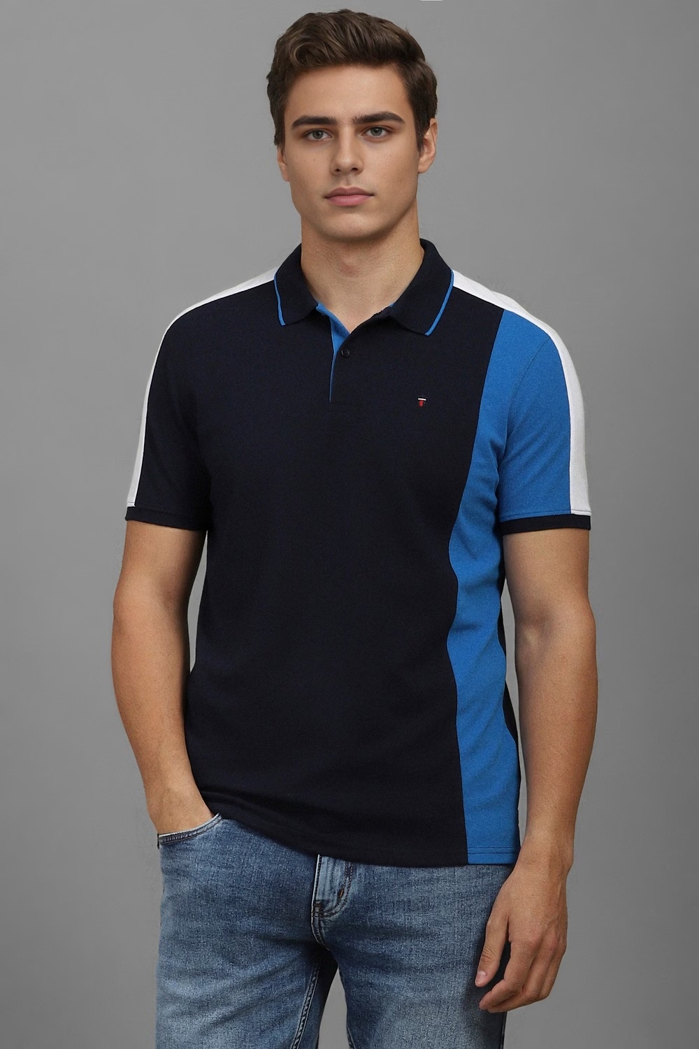 Men Navy Print Polo Neck T-shirt-Navy