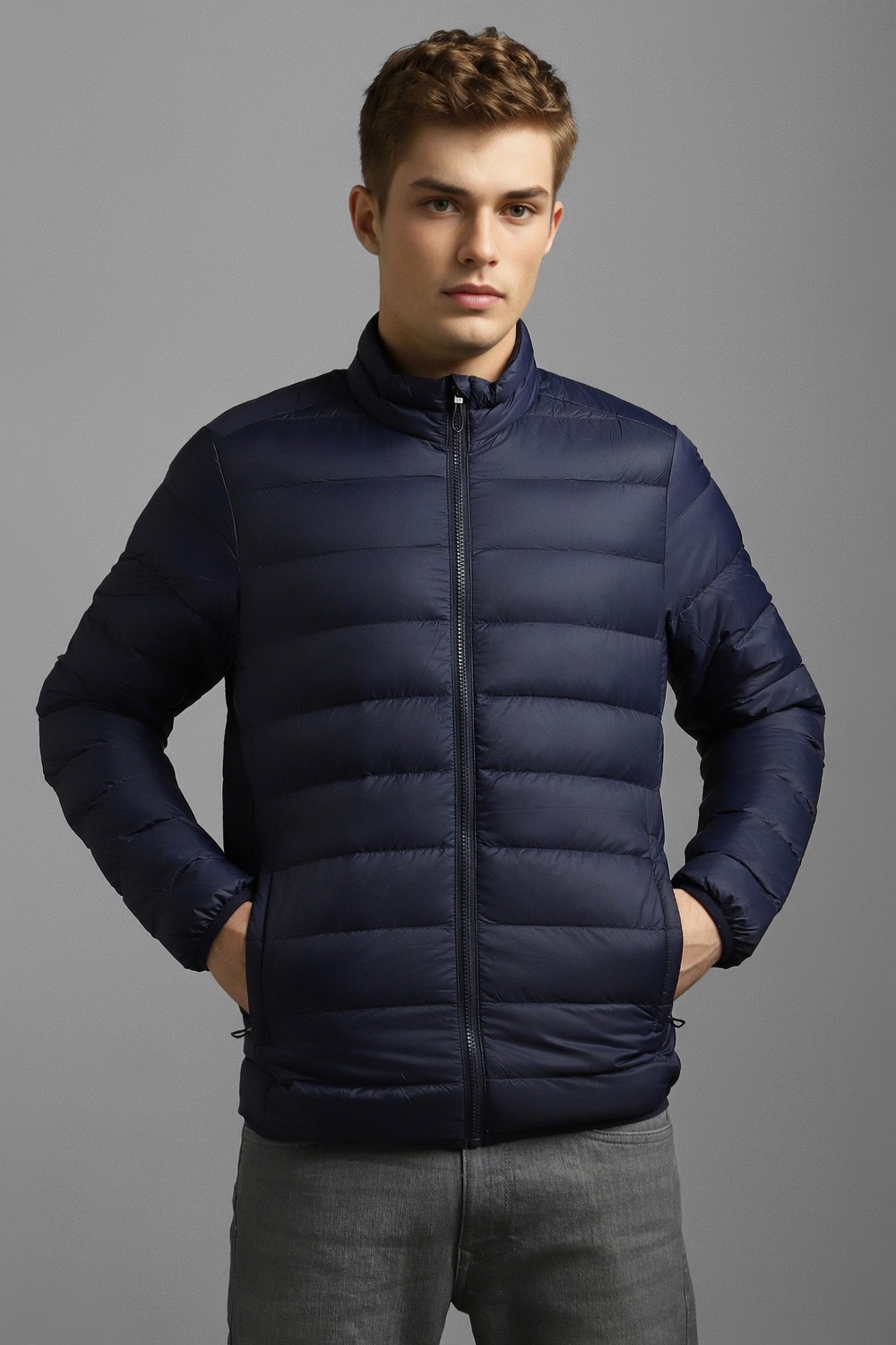 Men Casual Navy Solid Jackets-Navy