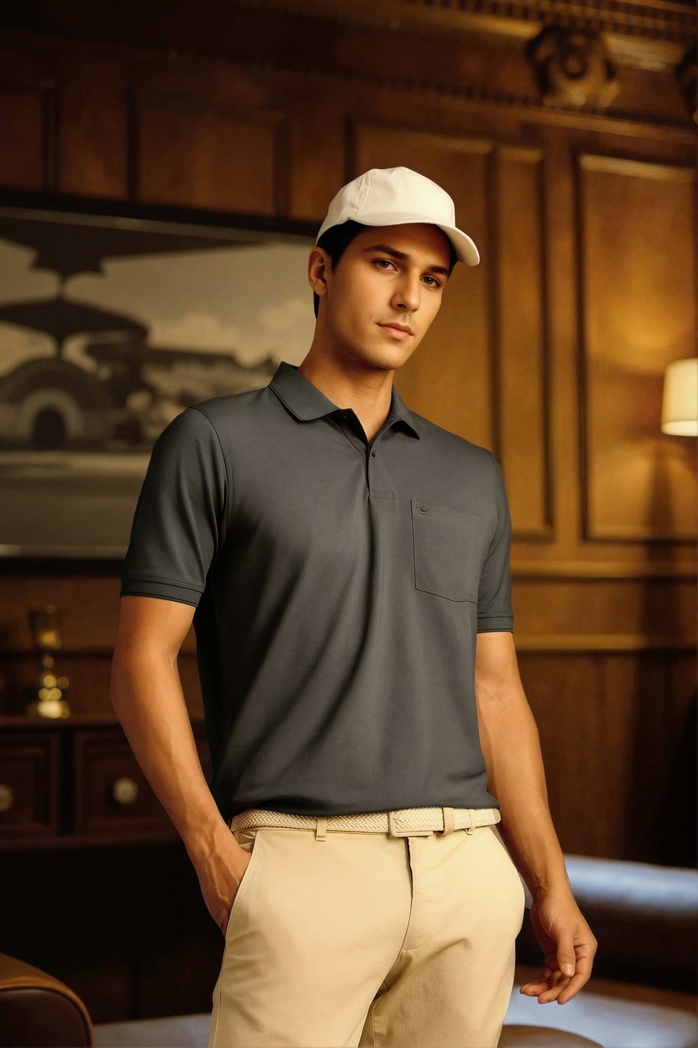 Men Brown Textured Polo Neck T-shirt-Brown