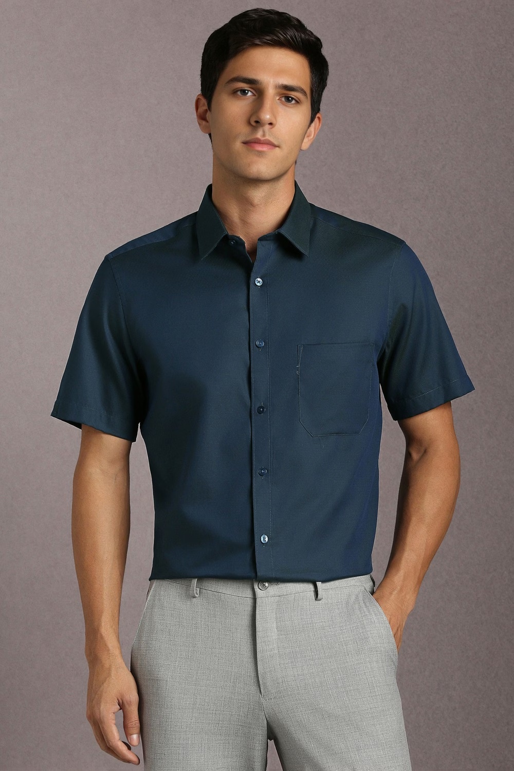 Men Navy Solid Half Sleeves Formal Shirt-Navy