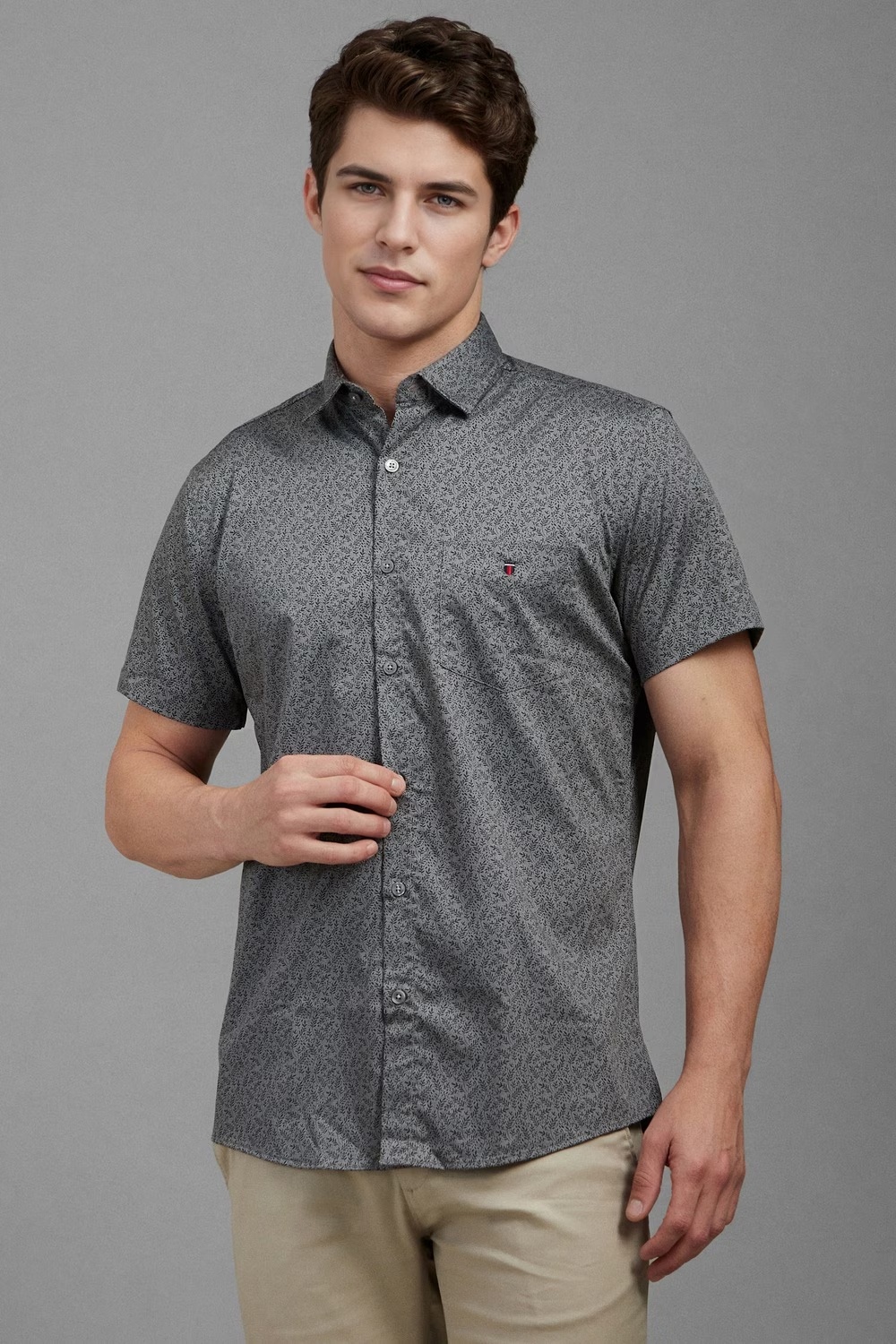 Men Grey Slim Fit Print Half Sleeves Casual Shirt-Grey