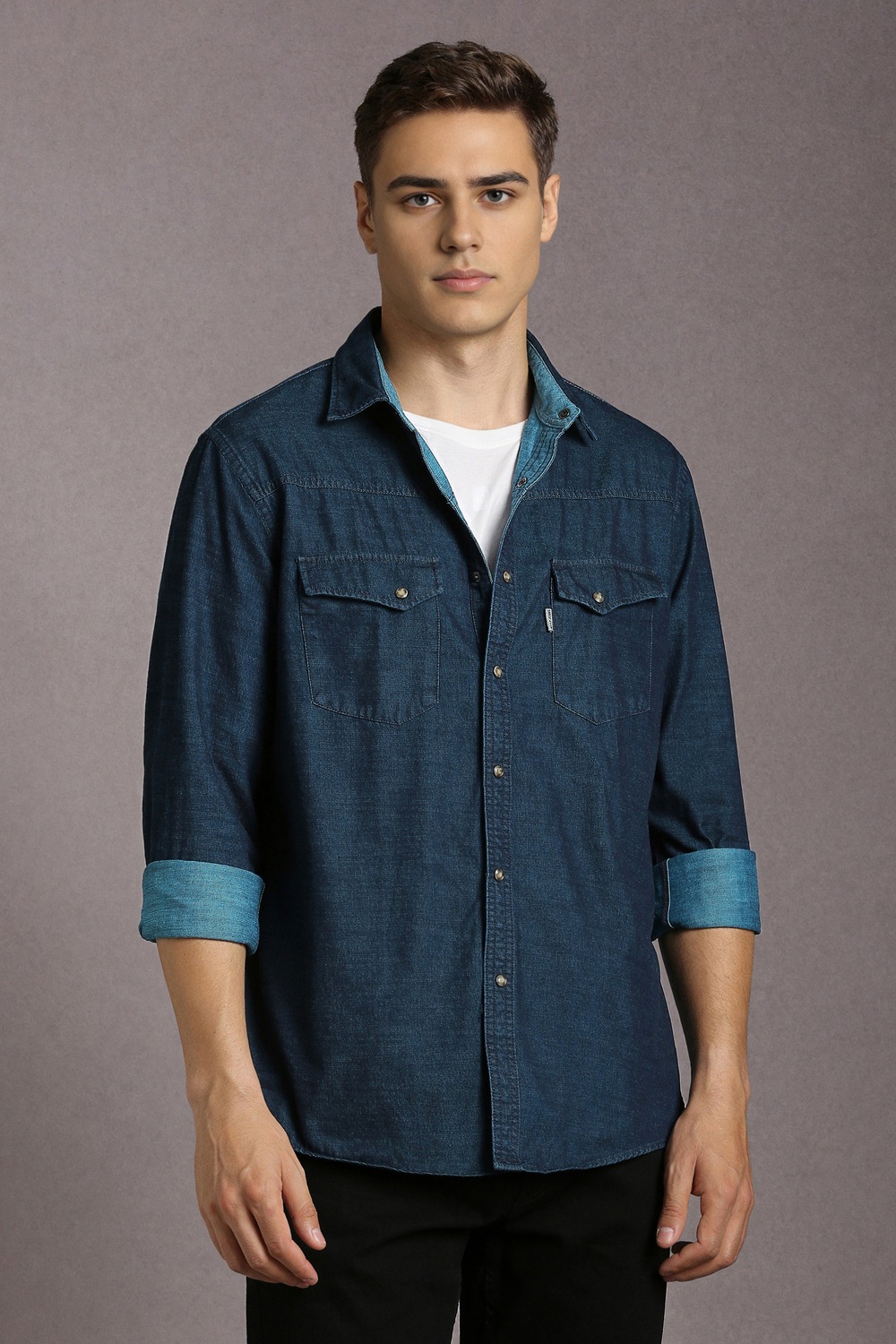 Men Navy Solid Full Sleeves Casual Shirt-Navy