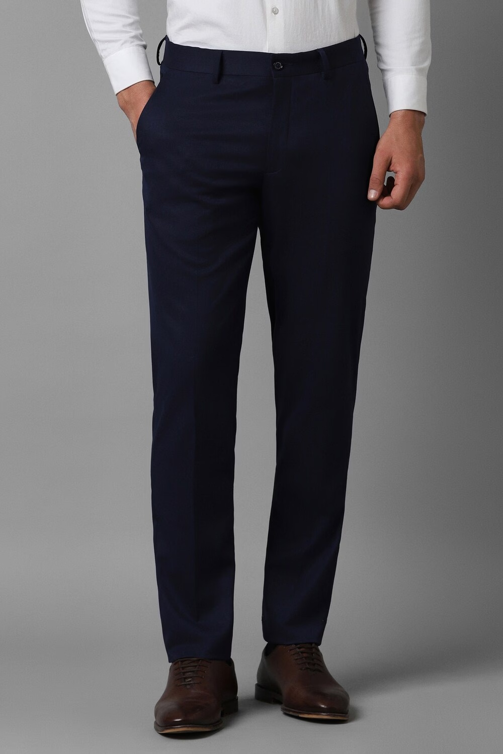 Men Navy Slim Fit Solid Flat Front Formal Trousers-Navy