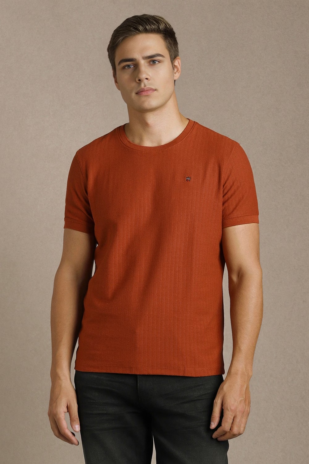 Men Brown Textured Crew Neck T-shirt-Brown