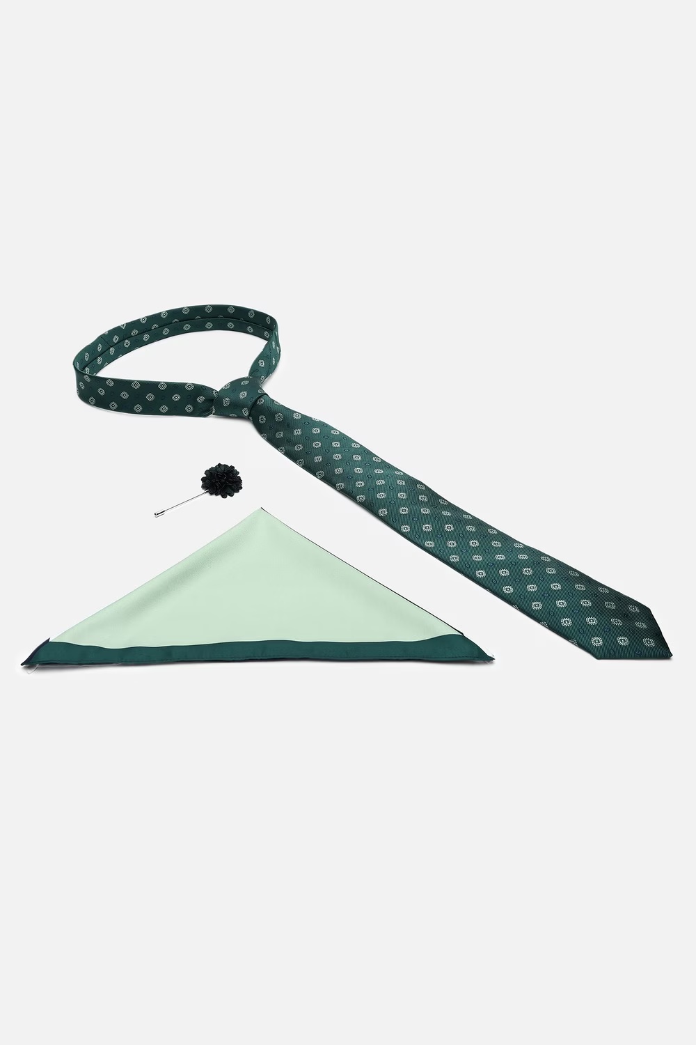 Men Green Embroidered Tie Pocket Square And Lapel Pin-Green