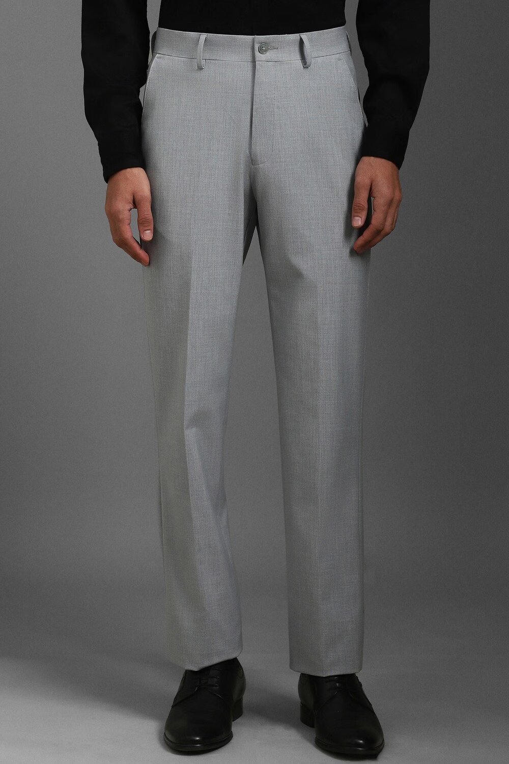 Men Grey Regular Fit Textured Flat Front Formal Trousers-Grey