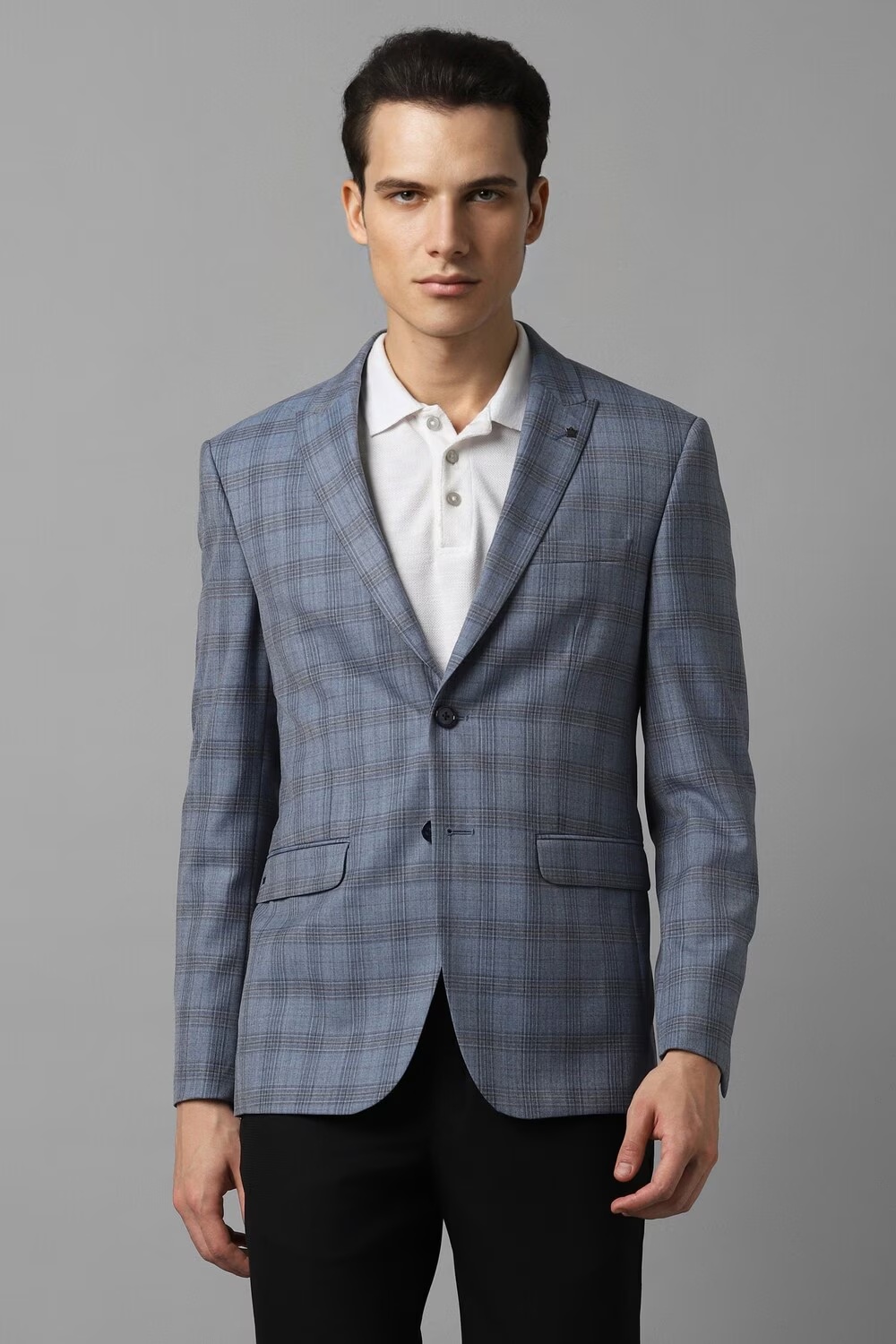 Men Blue Slim Fit Check Formal Blazer-Blue
