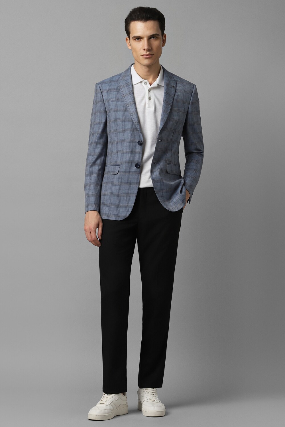 Men Blue Slim Fit Check Formal Blazer-Blue