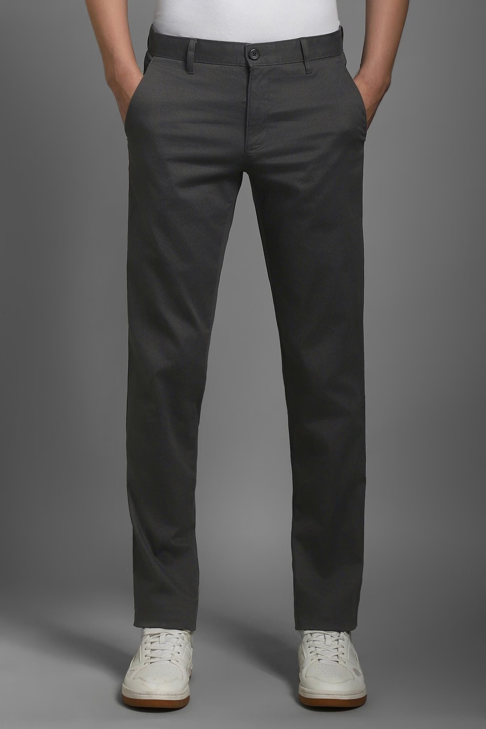 Men Grey Slim Fit Print Flat Front Casual Trousers-Grey
