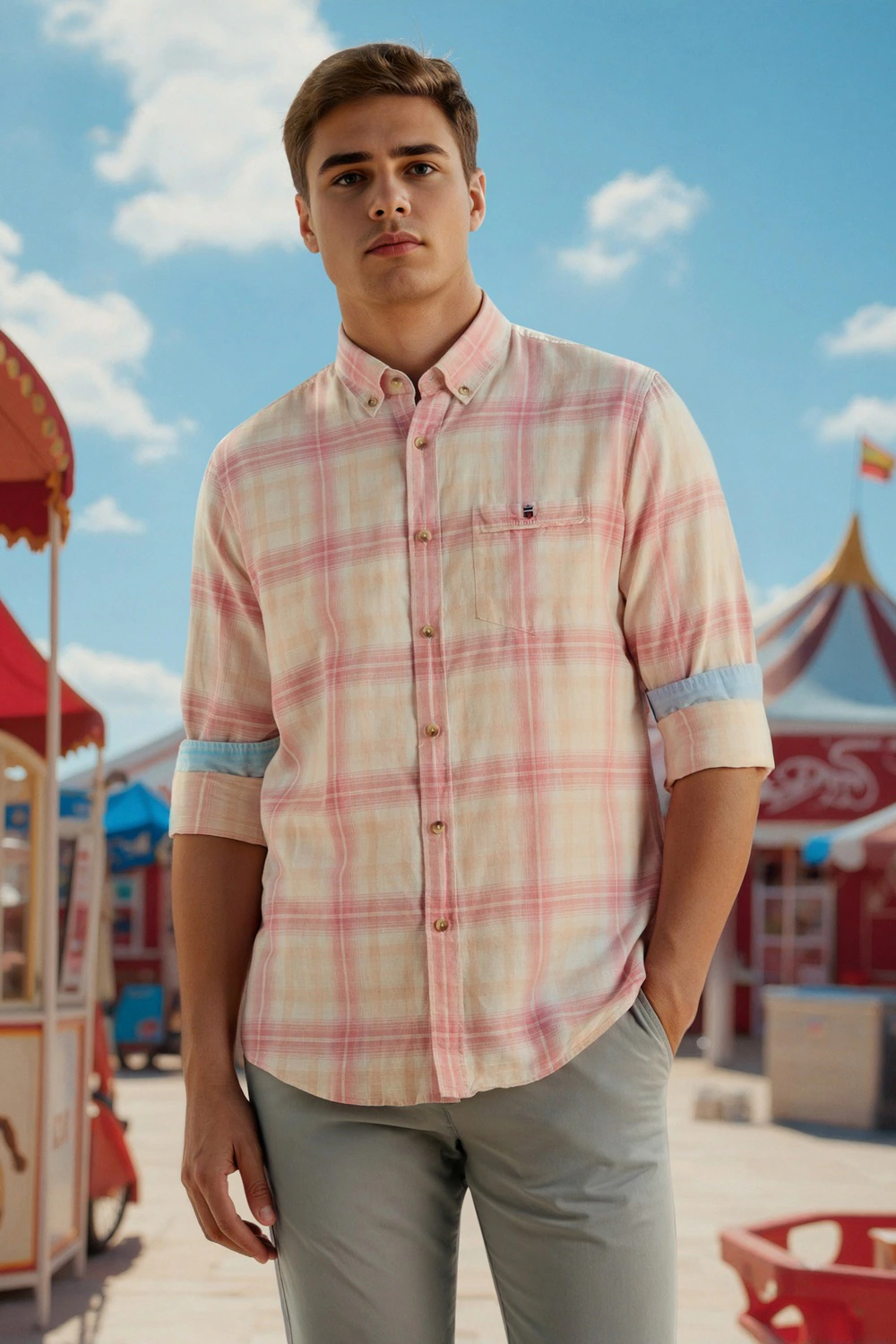 Men Beige Slim Fit Check Full Sleeves Casual Shirt-Beige