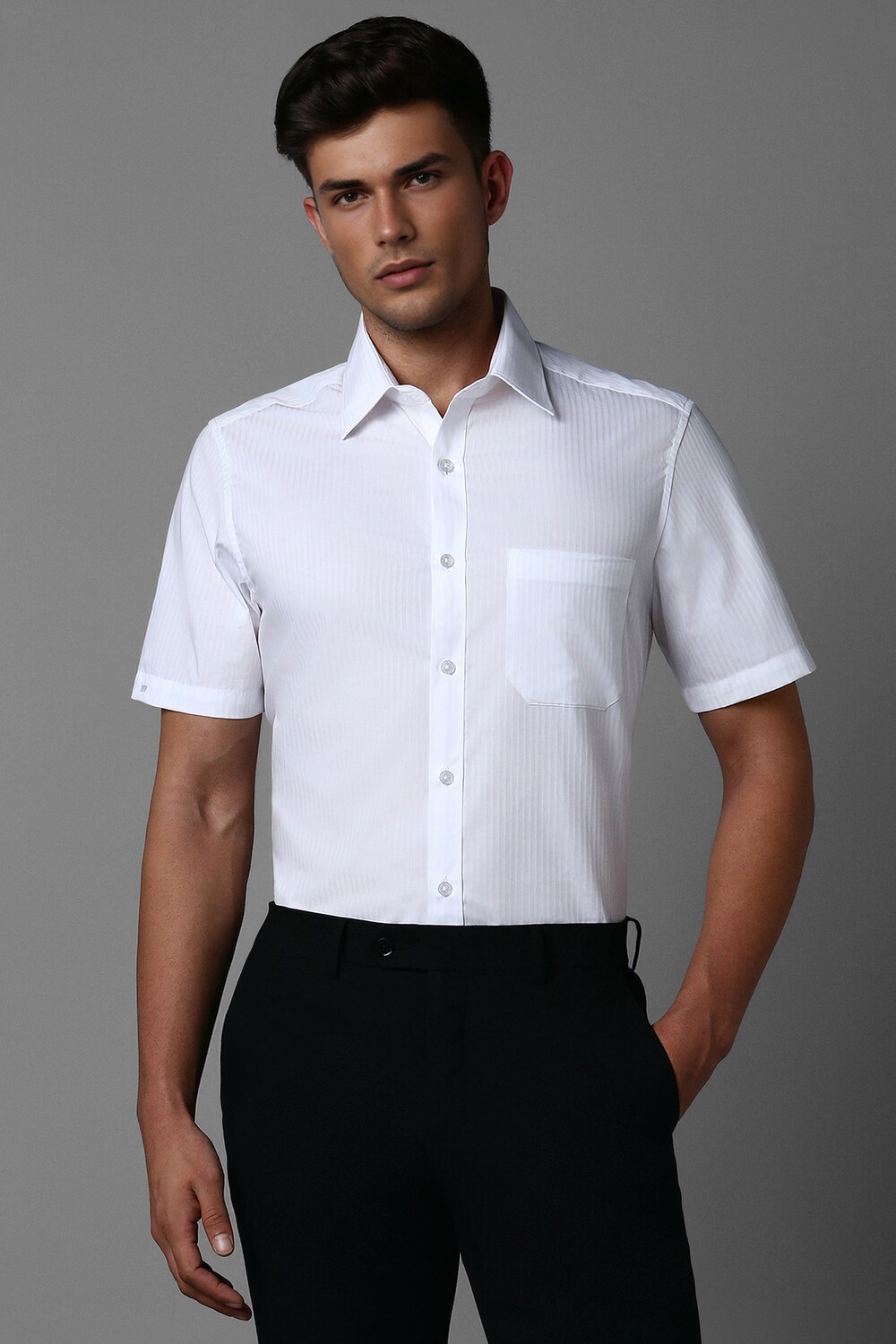 Men White Classic Fit Stripe Half Sleeves Formal Shirt-White
