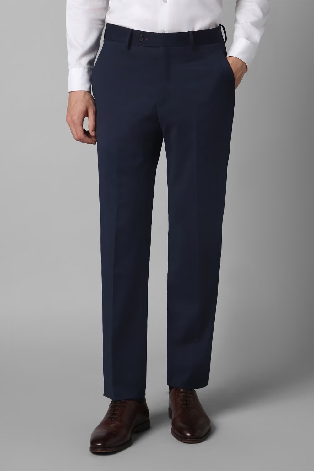 Men Navy Slim Fit Textured Flat Front Formal Trousers-Navy